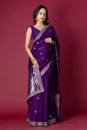 Shop_Monika Mathuria Datta_Purple Silk, Cotton Embroidery, Zari Hand Saree _at_Aza_Fashions