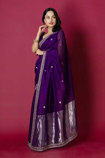 Monika Mathuria Datta_Purple Silk, Cotton Embroidery, Zari Hand Saree _Online_at_Aza_Fashions