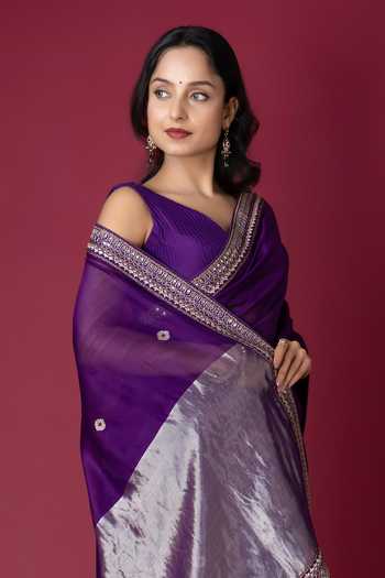Buy_Monika Mathuria Datta_Purple Silk, Cotton Embroidery, Zari Hand Saree _Online_at_Aza_Fashions