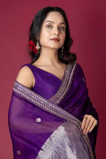 Shop_Monika Mathuria Datta_Purple Silk, Cotton Embroidery, Zari Hand Saree _Online_at_Aza_Fashions