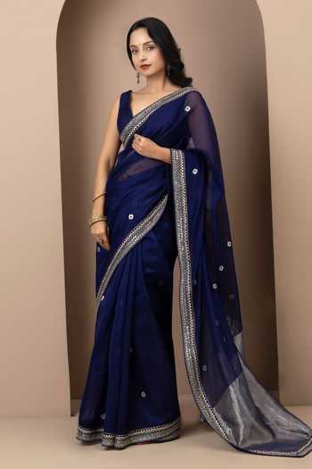 Monika Mathuria Datta_Blue Silk, Cotton Embroidery, Zari Placement Saree _Online_at_Aza_Fashions