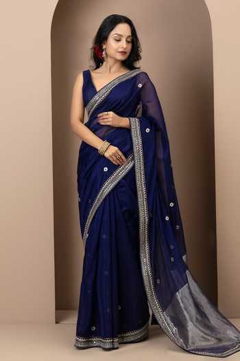Buy_Monika Mathuria Datta_Blue Silk, Cotton Embroidery, Zari Placement Saree _at_Aza_Fashions