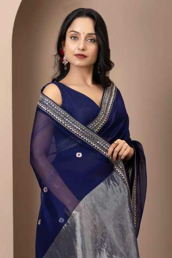 Buy_Monika Mathuria Datta_Blue Silk, Cotton Embroidery, Zari Placement Saree _Online_at_Aza_Fashions
