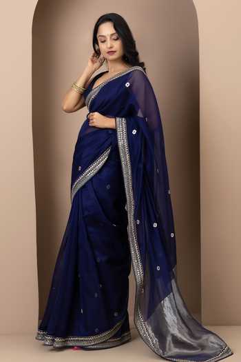 Shop_Monika Mathuria Datta_Blue Silk, Cotton Embroidery, Zari Placement Saree _at_Aza_Fashions