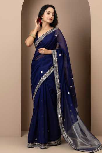 Shop_Monika Mathuria Datta_Blue Silk, Cotton Embroidery, Zari Placement Saree _Online_at_Aza_Fashions