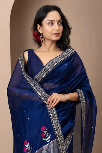 Monika Mathuria Datta_Blue Cotton, Silk Embroidery, Zari Hand Saree _Online_at_Aza_Fashions