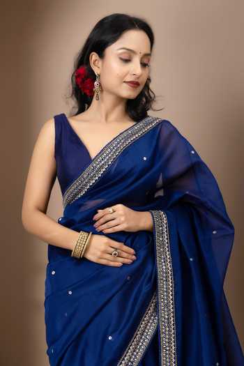 Buy_Monika Mathuria Datta_Blue Cotton, Silk Embroidery, Zari Hand Saree _Online_at_Aza_Fashions