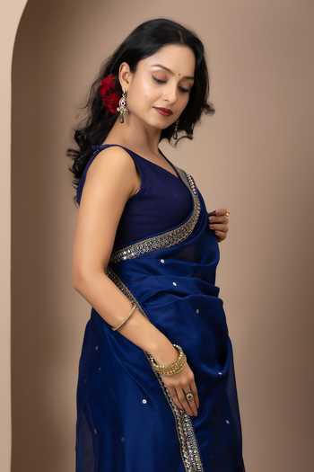 Shop_Monika Mathuria Datta_Blue Cotton, Silk Embroidery, Zari Hand Saree _Online_at_Aza_Fashions