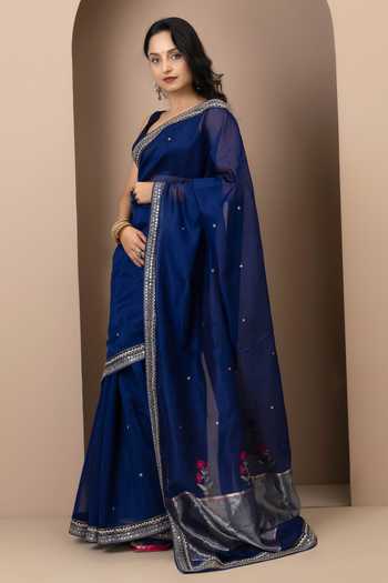 Shop_Monika Mathuria Datta_Blue Cotton, Silk Embroidery, Zari Hand Saree _at_Aza_Fashions