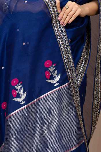 Monika Mathuria Datta_Blue Cotton, Silk Embroidery, Zari Hand Saree _at_Aza_Fashions