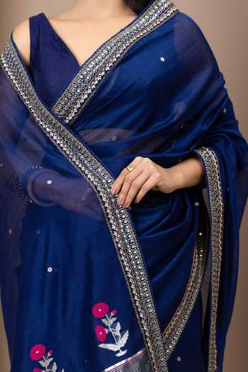 Buy_Monika Mathuria Datta_Blue Cotton, Silk Embroidery, Zari Hand Saree 