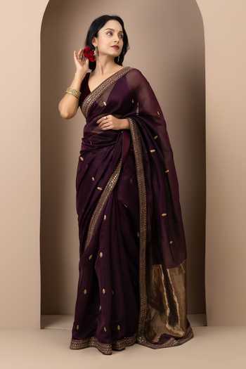 Buy_Monika Mathuria Datta_Wine Silk, Cotton Embroidery, Zari Hand Saree _at_Aza_Fashions