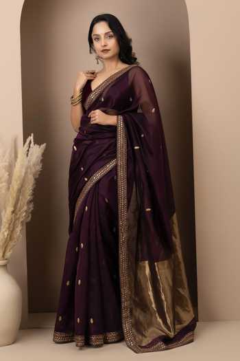 Shop_Monika Mathuria Datta_Wine Silk, Cotton Embroidery, Zari Hand Saree _at_Aza_Fashions