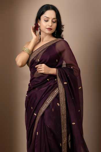 Monika Mathuria Datta_Wine Silk, Cotton Embroidery, Zari Hand Saree _Online_at_Aza_Fashions