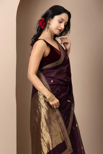 Buy_Monika Mathuria Datta_Wine Silk, Cotton Embroidery, Zari Hand Saree _Online_at_Aza_Fashions