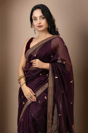 Shop_Monika Mathuria Datta_Wine Silk, Cotton Embroidery, Zari Hand Saree _Online_at_Aza_Fashions