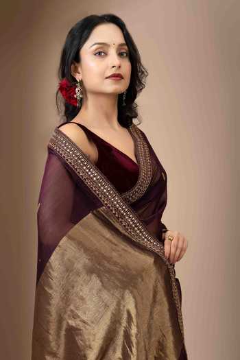 Monika Mathuria Datta_Wine Silk, Cotton Embroidery, Zari Hand Saree _at_Aza_Fashions