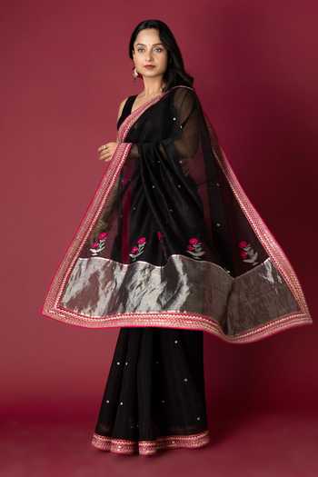 Monika Mathuria Datta_Black Cotton, Silk Embroidery, Zari Saree _Online_at_Aza_Fashions