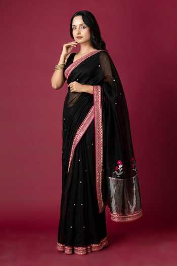 Buy_Monika Mathuria Datta_Black Cotton, Silk Embroidery, Zari Saree _Online_at_Aza_Fashions