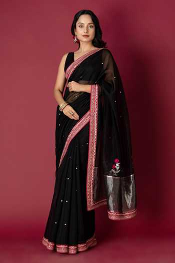 Buy_Monika Mathuria Datta_Black Cotton, Silk Embroidery, Zari Saree _at_Aza_Fashions