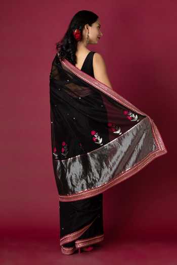 Shop_Monika Mathuria Datta_Black Cotton, Silk Embroidery, Zari Saree _at_Aza_Fashions
