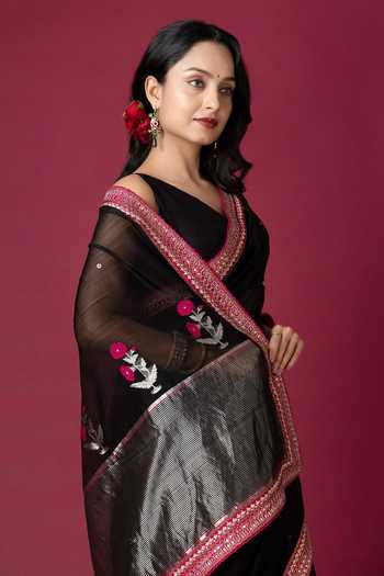 Monika Mathuria Datta_Black Cotton, Silk Embroidery, Zari Saree _at_Aza_Fashions