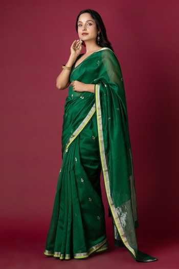 Monika Mathuria Datta_Green Silk, Cotton Zari Handloom Saree _Online_at_Aza_Fashions