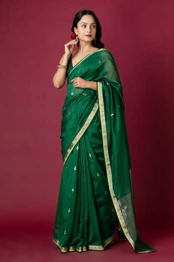Buy_Monika Mathuria Datta_Green Silk, Cotton Zari Handloom Saree _Online_at_Aza_Fashions