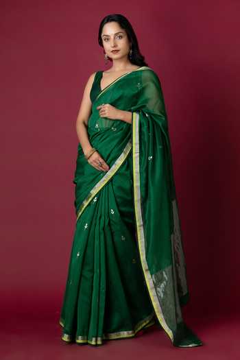 Shop_Monika Mathuria Datta_Green Silk, Cotton Zari Handloom Saree _Online_at_Aza_Fashions
