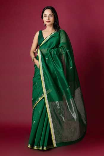Buy_Monika Mathuria Datta_Green Silk, Cotton Zari Handloom Saree _at_Aza_Fashions