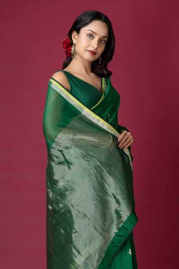 Monika Mathuria Datta_Green Silk, Cotton Zari Handloom Saree _at_Aza_Fashions