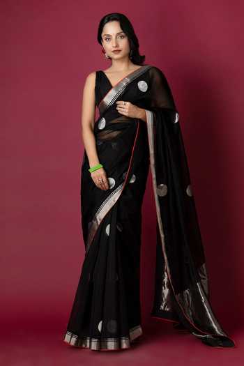 Monika Mathuria Datta_Black Silk, Cotton Zari Polka Dot Woven Saree _Online_at_Aza_Fashions