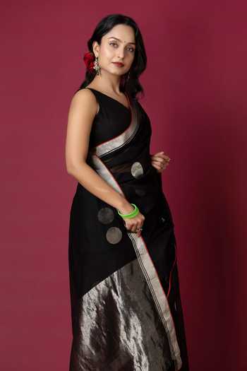Buy_Monika Mathuria Datta_Black Silk, Cotton Zari Polka Dot Woven Saree _Online_at_Aza_Fashions