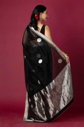 Shop_Monika Mathuria Datta_Black Silk, Cotton Zari Polka Dot Woven Saree _at_Aza_Fashions
