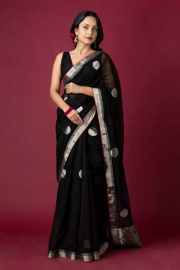 Buy_Monika Mathuria Datta_Black Silk, Cotton Zari Polka Dot Woven Saree _at_Aza_Fashions