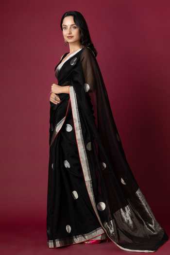 Shop_Monika Mathuria Datta_Black Silk, Cotton Zari Polka Dot Woven Saree _Online_at_Aza_Fashions