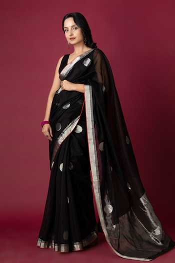 Monika Mathuria Datta_Black Silk, Cotton Zari Polka Dot Woven Saree _at_Aza_Fashions