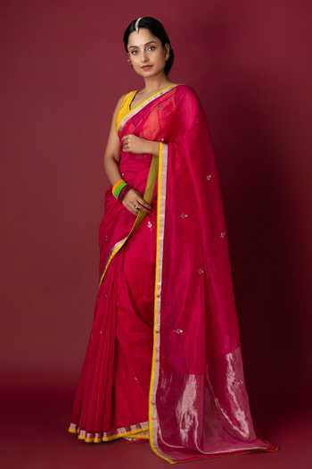 Shop_Monika Mathuria Datta_Pink Silk, Cotton Zari Handloom Saree _Online_at_Aza_Fashions