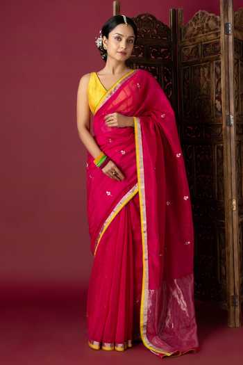 Buy_Monika Mathuria Datta_Pink Silk, Cotton Zari Handloom Saree _at_Aza_Fashions