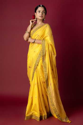 Shop_Monika Mathuria Datta_Yellow Silk Embroidery, Zari, Tassels Zardozi Saree _at_Aza_Fashions