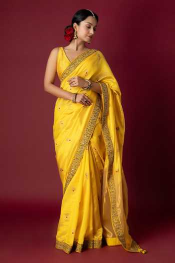 Buy_Monika Mathuria Datta_Yellow Silk Embroidery, Zari, Tassels Zardozi Saree _at_Aza_Fashions