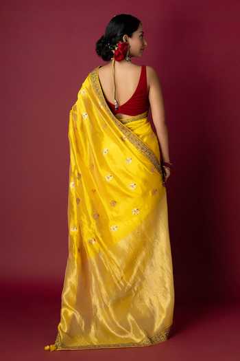Shop_Monika Mathuria Datta_Yellow Silk Embroidery, Zari And Zardozi Hand Saree _at_Aza_Fashions