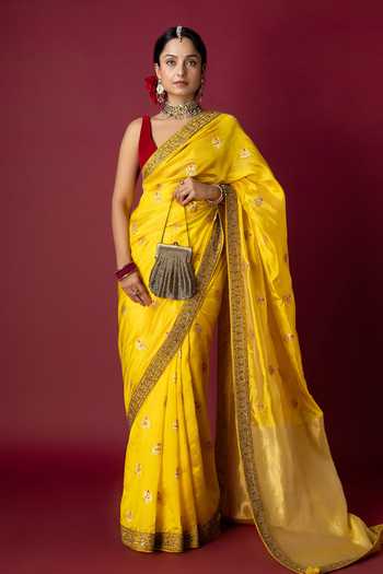 Buy_Monika Mathuria Datta_Yellow Silk Embroidery, Zari And Zardozi Hand Saree _at_Aza_Fashions