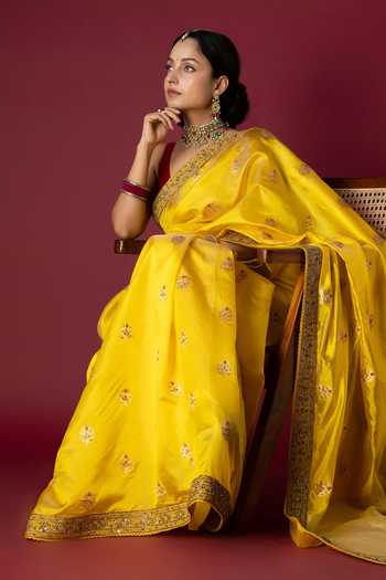 Monika Mathuria Datta_Yellow Silk Embroidery, Zari And Zardozi Hand Saree _Online