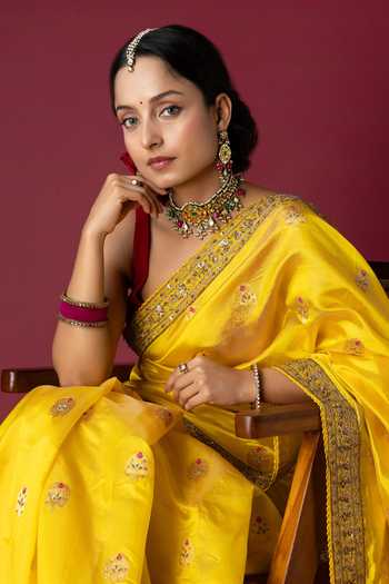 Buy_Monika Mathuria Datta_Yellow Silk Embroidery, Zari And Zardozi Hand Saree _Online