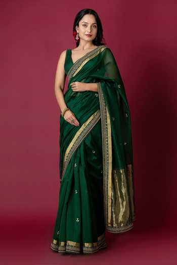 Buy_Monika Mathuria Datta_Green Silk Embroidery, Zari Hand Saree _at_Aza_Fashions
