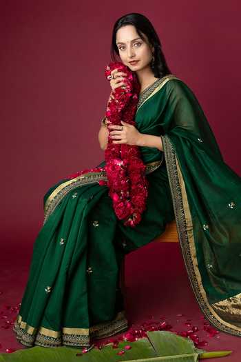 Monika Mathuria Datta_Green Silk Embroidery, Zari Hand Saree _Online_at_Aza_Fashions