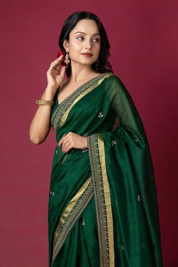 Buy_Monika Mathuria Datta_Green Silk Embroidery, Zari Hand Saree _Online_at_Aza_Fashions