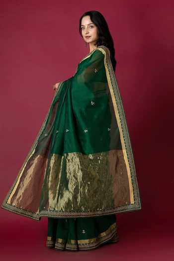 Shop_Monika Mathuria Datta_Green Silk Embroidery, Zari Hand Saree _Online_at_Aza_Fashions