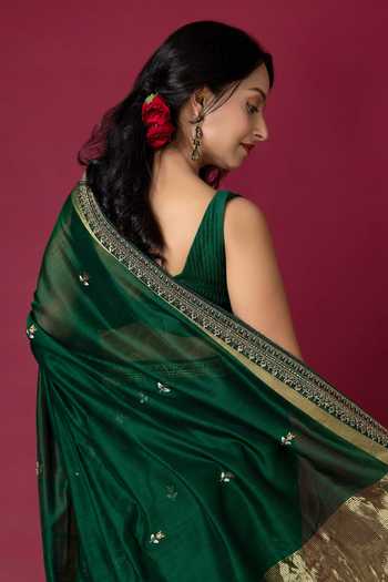Monika Mathuria Datta_Green Silk Embroidery, Zari Hand Saree _at_Aza_Fashions